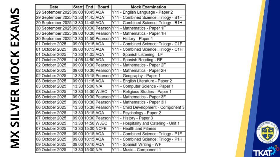 Silver Mock Examinations   Timetable