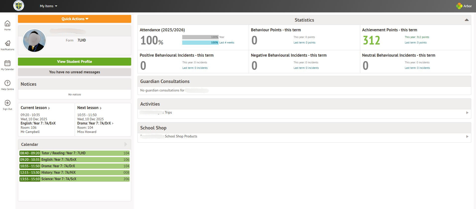 Student profile parent view